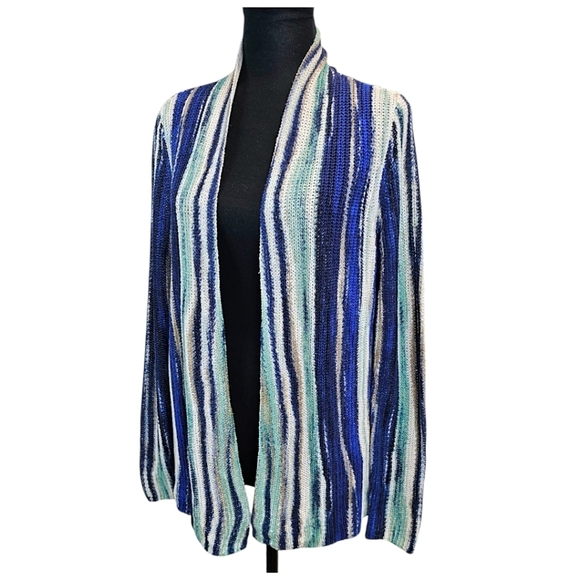 NWT Chico's Boho Linen Broken Stripe Cocoon Sweater Cardigan Medium Blue Cozy - Picture 3 of 16
